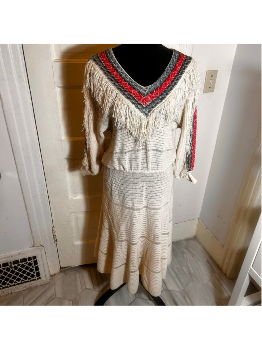 Vintage Marshall Rousso Knit Dress XL Maxi Boho 70s Disco Fringe Festival